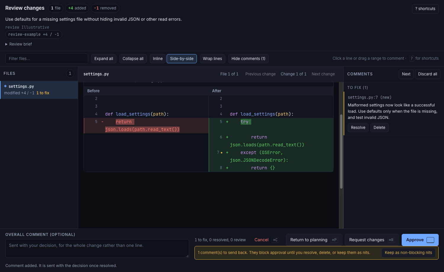 A comment anchored to the broad exception handler asks for missing-file defaults without hiding malformed JSON.