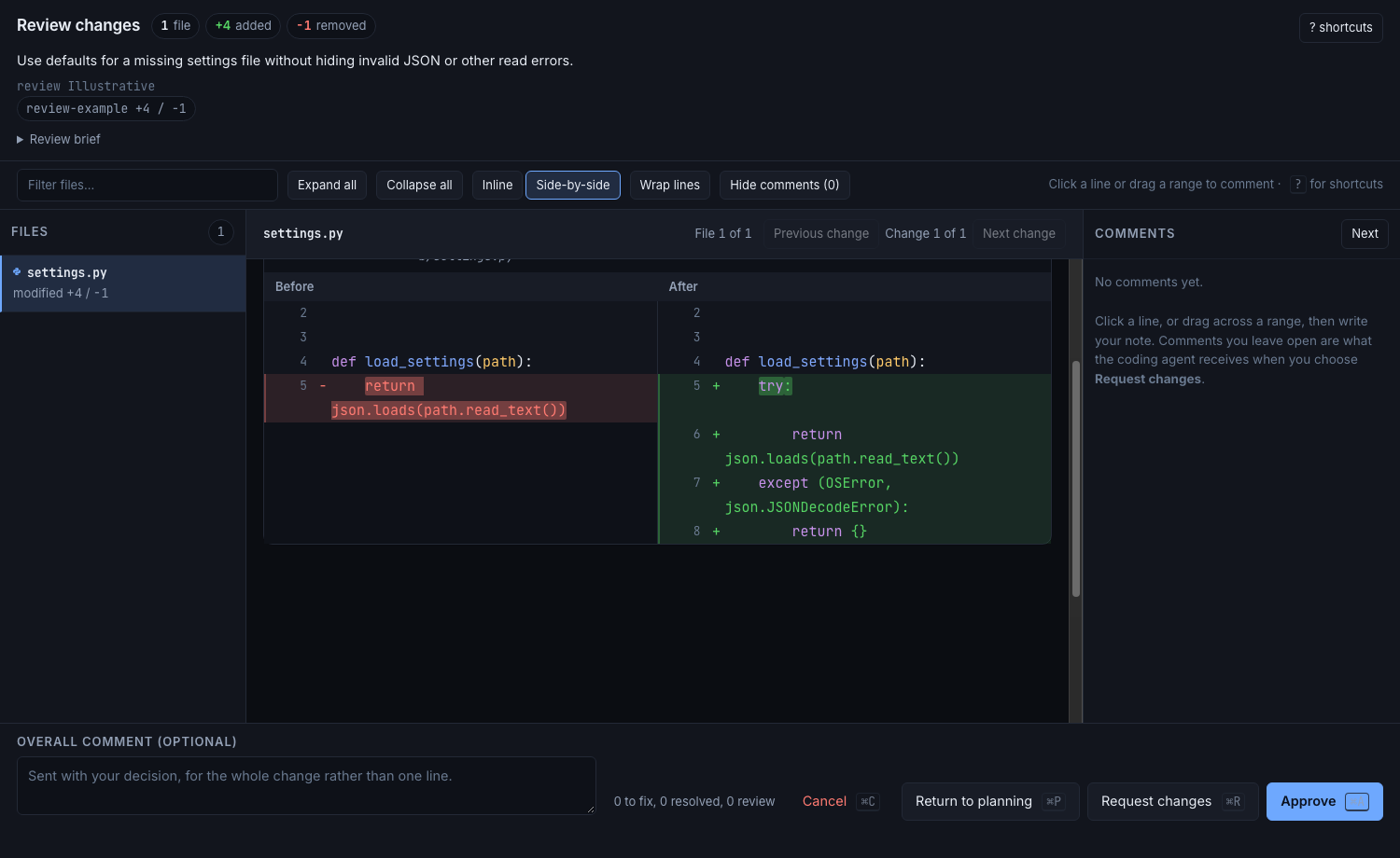 Side-by-side review of a settings loader that silently replaces read and JSON errors with empty settings.