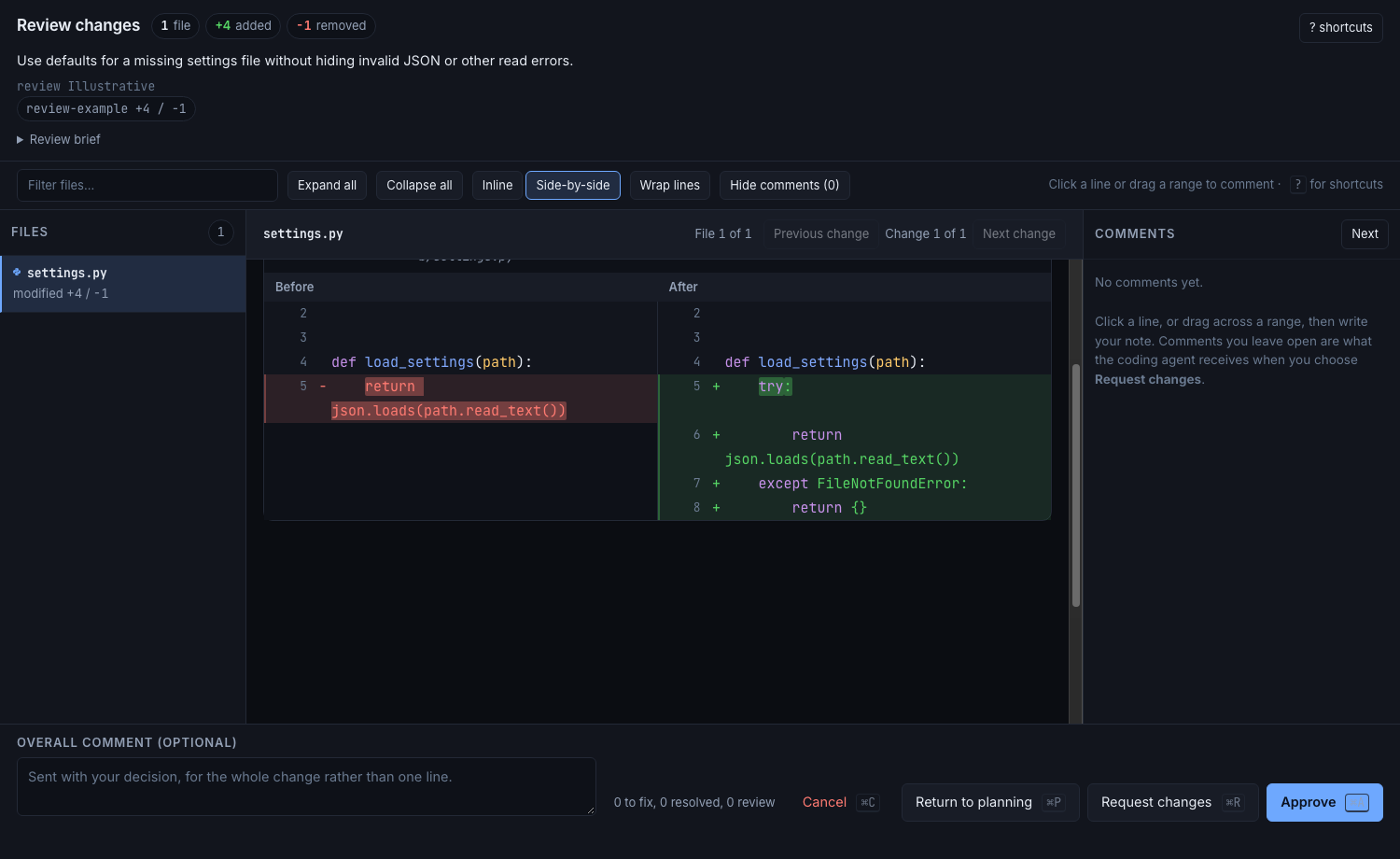 The revised settings loader catches only FileNotFoundError instead of swallowing all read and JSON errors.